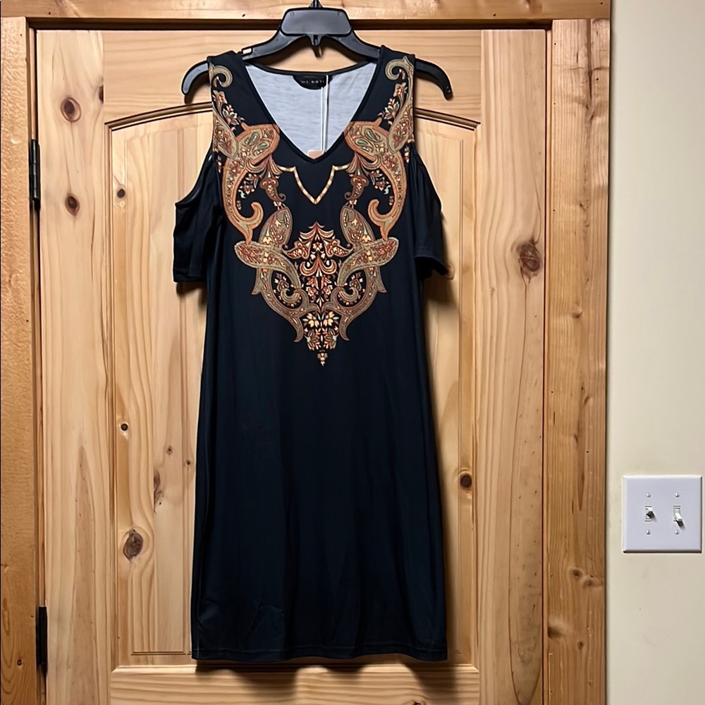NWT Tendency Black Dress with Gold & Brown Design Boho Small Urban Cold Shoulder